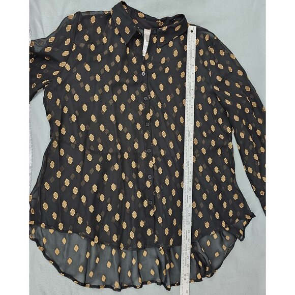 Chico's Button Up Blouse Black Gold Sheer 3/XL Lightweight Peplum Pleated Back - Picture 11 of 12